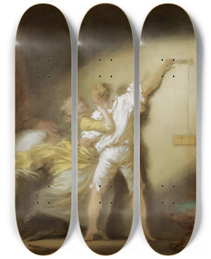 Triptych art skateboard deck of Jeanhonor Fragonard Le Verrou The Bolt_1 by Jean-Honor Fragonard (1732-1806)