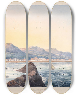 Triptych art skateboard deck of Charles Hamilton Smith Villa Franca And Harbour by Charles Hamilton Smith (1776-1859)