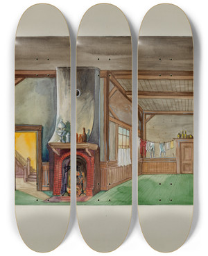 Triptych art skateboard deck of Vera Van Voris Backdrop For Puppet Show by Vera Van Voris