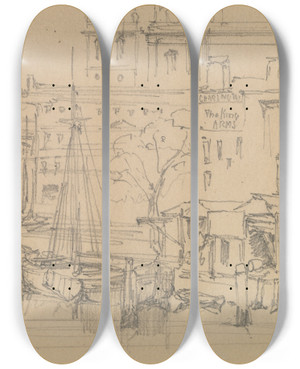 Triptych art skateboard deck of David Roberts On The Thames by David Roberts (1796-1864)