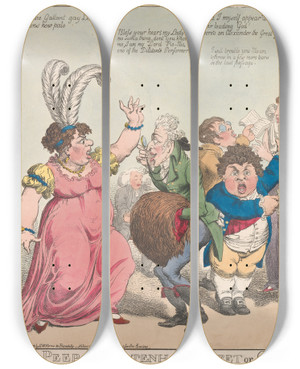 Triptych art skateboard deck of Charles Williams A Peep Into Totenham Street Or Dillitanti Performers In Training by Charles Williams