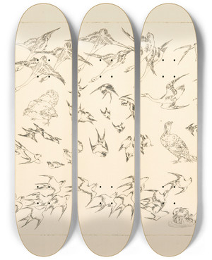 Triptych art skateboard deck of Flix Bracquemond Oiseaux Japonais by Felix Bracquemond (1833-1914)