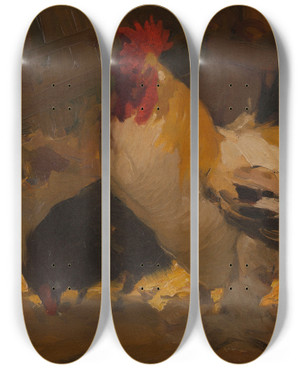 Triptych art skateboard deck of Henri Deluermoz Coq Et Poules by Henri Deluermoz (1876-1943)