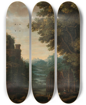 Triptych art skateboard deck of Jan Meerhout Mountainous Landscape With River Valley And Castle by Jan Meerhout (1630-1677)