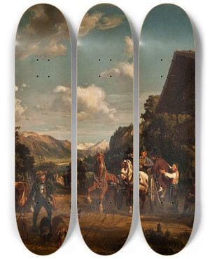 Triptych art skateboard deck of Hermann Kauffmann Tyrolean Roadside Inn by Hermann Kauffmann (1808-1889)