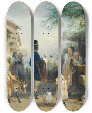 Triptych art skateboard deck of Edouard Girardet Lively Village Scene by Edouard Girardet (1819-1880)