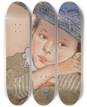 Triptych art skateboard deck of Stanisaw Wyspiaski Girl In A Blue Hat by Stanislaw Wyspianski (1869-1907)