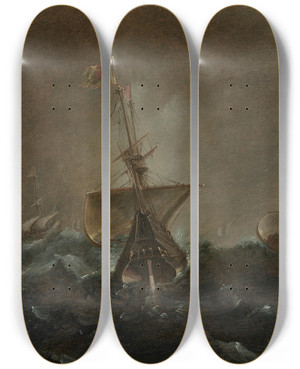 Triptych art skateboard deck of Andries Van Eertvelt Two Galleons In A Squall by Andries Van Eertvelt (1590-1652)