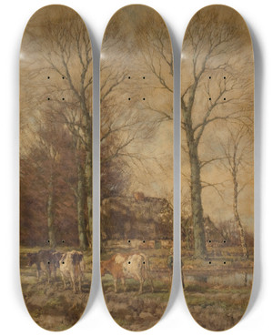 Triptych art skateboard deck of Arnold Marc Gorter Landscape With Cattle by Arnold Marc Gorter (1866-1933)