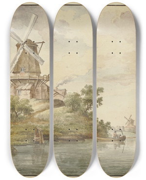 Triptych art skateboard deck of Jean George Teissier Kleiner Flu An Dessen Ufer Zwei Windmhlen by Jean George Teissier