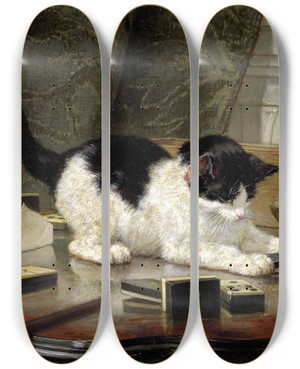 Triptych art skateboard deck of Henritte Ronnerknip The Cat At Play by Henritte Ronner-Knip (1821-1909)