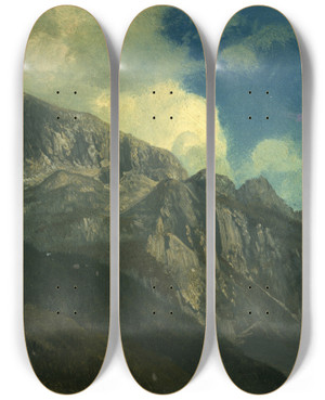Triptych art skateboard deck of Albert Bierstadt Mountains by Albert Bierstadt (1830-1902)