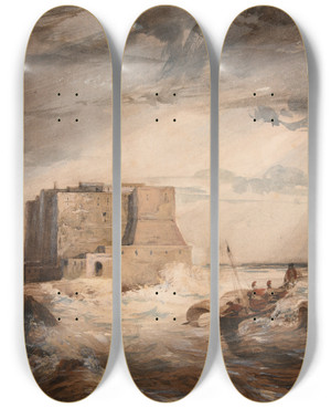 Triptych art skateboard deck of Jacquesraymond Brascassat Le Chteau De Luf Naples by Jacques Raymond Brascassat (1804-1867)