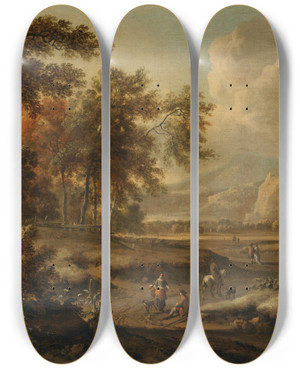 Triptych art skateboard deck of Jan Wijnants An Extensive Landscape With Figures On A Path In The Foreground_2 by Jan Wijnants (1632-1684)