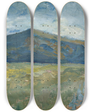 Triptych art skateboard deck of Ernst Schiess Plain With Bare Mountain by Ernst Schiess (1872-1919)