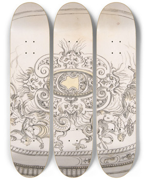 Triptych art skateboard deck of Erasmus Hornick Design For A Platter With Battling Tritons And Sea Nymphs by Erasmus Hornick (1520-1583)