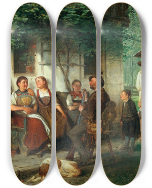 Triptych art skateboard deck of Josef Kinzel Spinning A Yarn by Josef Kinzel (1852-1925)
