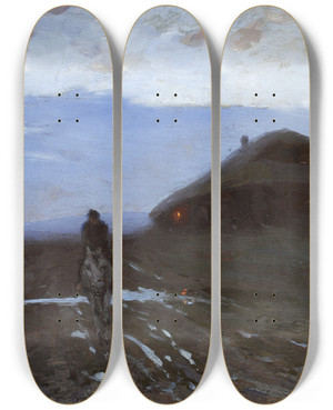 Triptych art skateboard deck of Ferdynand Ruszczyc Wayside Inn by Ferdynand Ruszczyc (1870-1936)