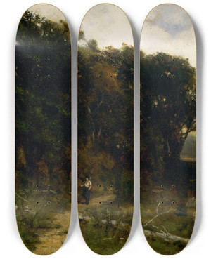 Triptych art skateboard deck of Edward Mitchell Bannister Untitled Landscape Woodcutter On Path by Edward Mitchell Bannister (1828-1901)