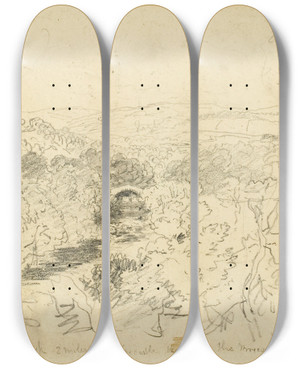 Triptych art skateboard deck of David Cox Pont Pwl Gwyn River Usk by David Cox (1783-1859)