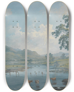 Triptych art skateboard deck of John Laporte River Landscape With Cattle Watering by John Laporte (1761-1839)