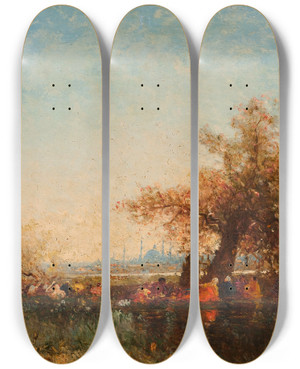 Triptych art skateboard deck of Flix Ziem Les Eaux Douces Dasie by Felix Ziem (1821-1911)