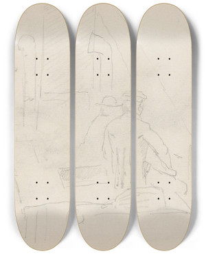 Triptych art skateboard deck of Adolph Tidemand Male Figures In Workshop Interior by Adolph Tidemand (1814-1876)