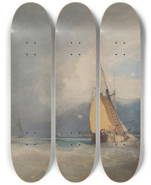 Triptych art skateboard deck of John Sell Cotman Boats Off The Coast Storm Approaching by John Sell Cotman (1782-1842)