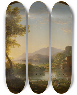 Triptych art skateboard deck of Thomas Cole The Mill Sunset by Thomas Cole (1801-1848)