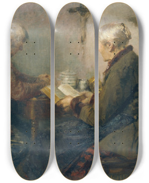 Triptych art skateboard deck of Auguste Schepp Old Farm Couple At Table by Auguste Schepp