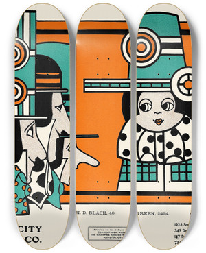 Triptych art skateboard deck of Augustus Jansson Queen City Ink Ad 20 by Augustus Jansson (1863-1931)