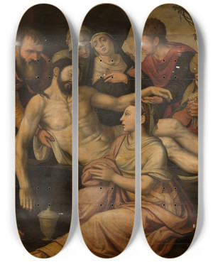 Triptych art skateboard deck of Lambert Van Noort Christs Entombment by Lambert Van Noort (1520-1570)