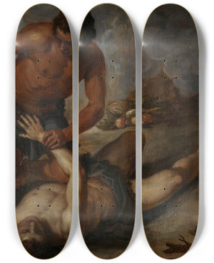 Triptych art skateboard deck of David Teniers The Younger Cain Killing Abel by David Teniers The Younger (1610-1690)
