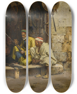 Triptych art skateboard deck of Arthur Von Ferraris The Armourers Shop by Arthur Von Ferraris (1856-1936)
