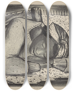 Triptych art skateboard deck of Riva Helfond Sleeping Girl by Riva Helfond (1910-2002)