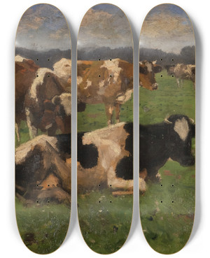 Triptych art skateboard deck of Adolf Lins Cows On A Meadow by Adolf Lins (1856-1927)