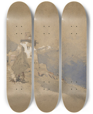 Triptych art skateboard deck of John Ruskin Italian Mountain Scene by John Ruskin (1819-1900)