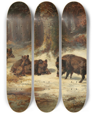 Triptych art skateboard deck of Anton Weinberger Wild Boars In A Wintry Forest by Anton Weinberger (1843-1912)