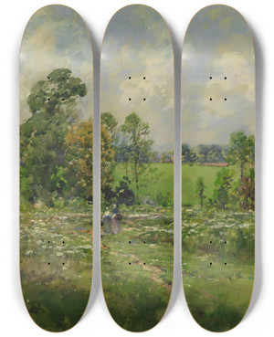 Triptych art skateboard deck of William Henry Holmes Flowery Meadow by William Henry Holmes (1846-1933)