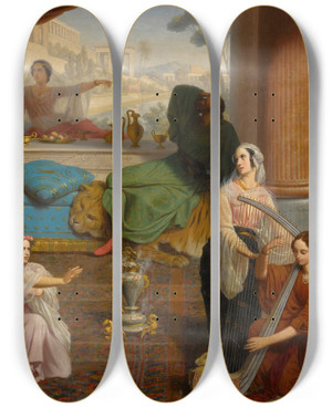 Triptych art skateboard deck of Auguste Jeanbaptiste Leloir Queen Esther Denouncing Haman by Auguste Jean-Baptiste Leloir (1809-1892)
