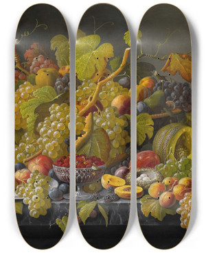 Triptych art skateboard deck of Severin Roesen Still Life With Grapes And Wine by Severin Roesen (1816-1872)