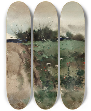 Triptych art skateboard deck of De Lancey Gill Landscape Sketch by De Lancey Gill (1859-1940)