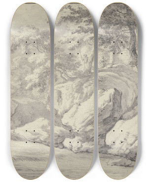 Triptych art skateboard deck of Jan Vermeer Van Haarlem The Elder Waterfall In The Forest by Jan Vermeer van Haarlem the Elder (1628-1691)
