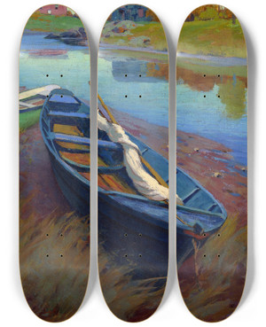 Triptych art skateboard deck of Arthur Wesley Dow Boats At Rest by Arthur Wesley Dow (1857-1922)
