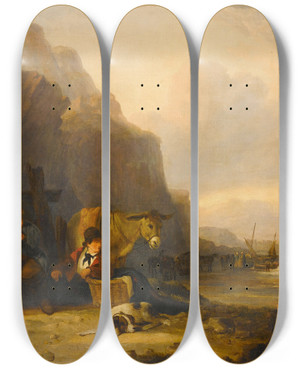 Triptych art skateboard deck of William Shayer Waiting For The Ferry by William Shayer (1787-1879)