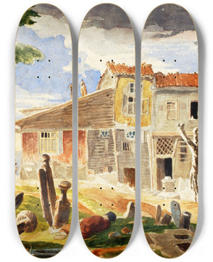 Triptych art skateboard deck of Miner Kilbourne Kellogg Cemetery In Pera by Miner Kilbourne Kellogg (1814-1889)