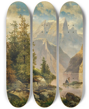 Triptych art skateboard deck of Josef Thoma A Mountain Lake With A Boat by Josef Thoma (1828-1899)