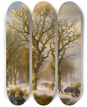 Triptych art skateboard deck of Johann Bernhard Klombeck Winter Landscape With Cattle Drivers by Johann Bernhard Klombeck (1815-1893)