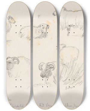 Triptych art skateboard deck of Hans Gude Studier Av Sauer by Hans Gude (1825-1903)