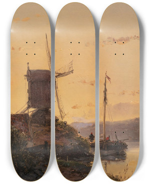 Triptych art skateboard deck of Andreas Schelfhout Landscape With A Mill by Andreas Schelfhout (1787-1870)